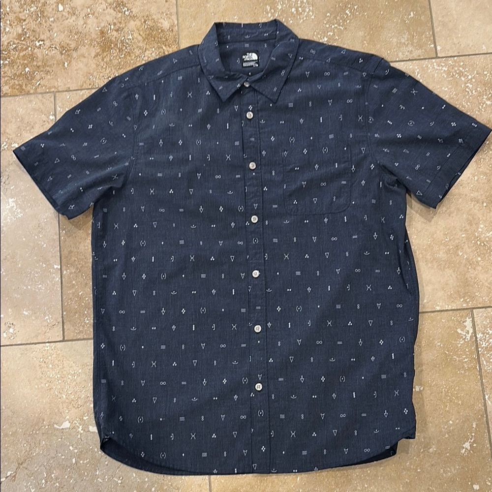 North Face Casual Blue Button Down Shirt with Hieroglyphics Pattern